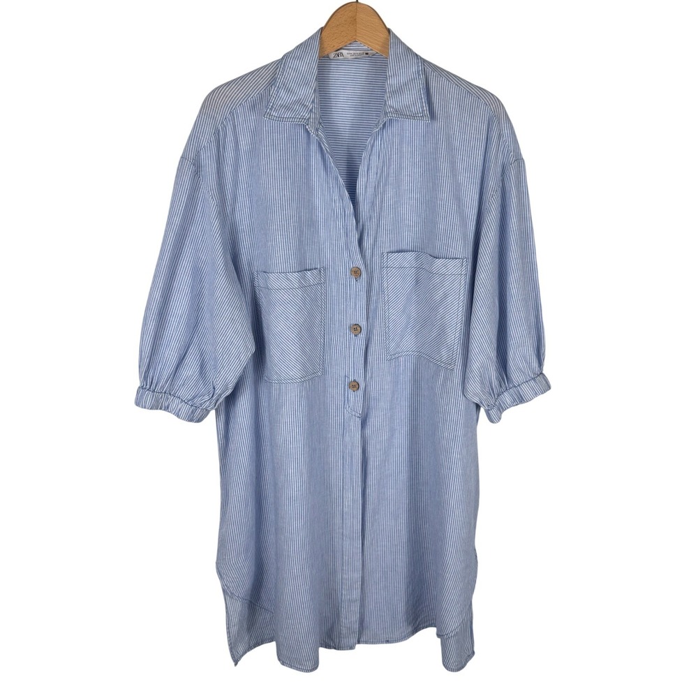 Zara Striped Linen Blend Oversized Tunic Shirt Womens Medium 3/4 Sleeve